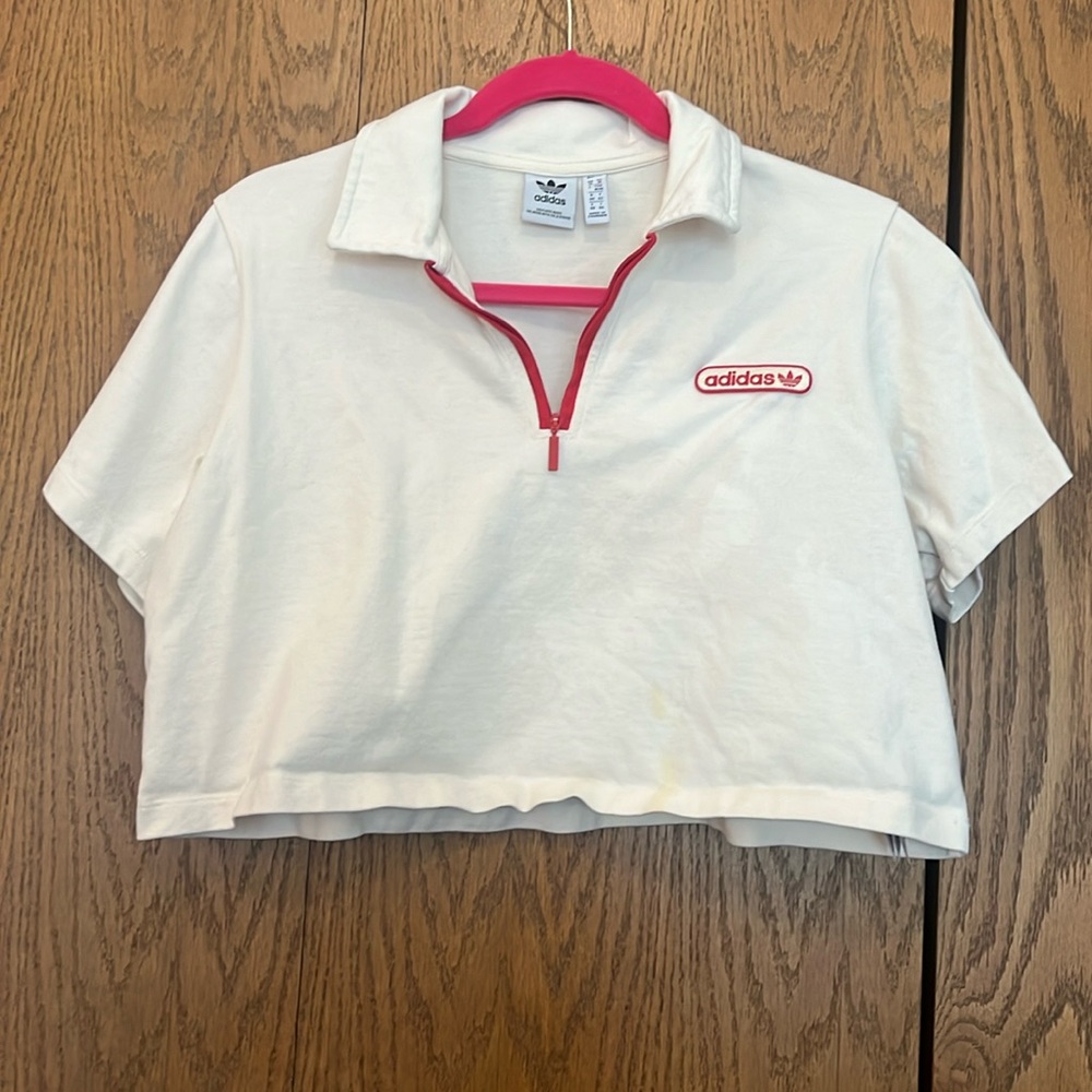 Streetwear Adidas red and white quarter zip cropped shirt